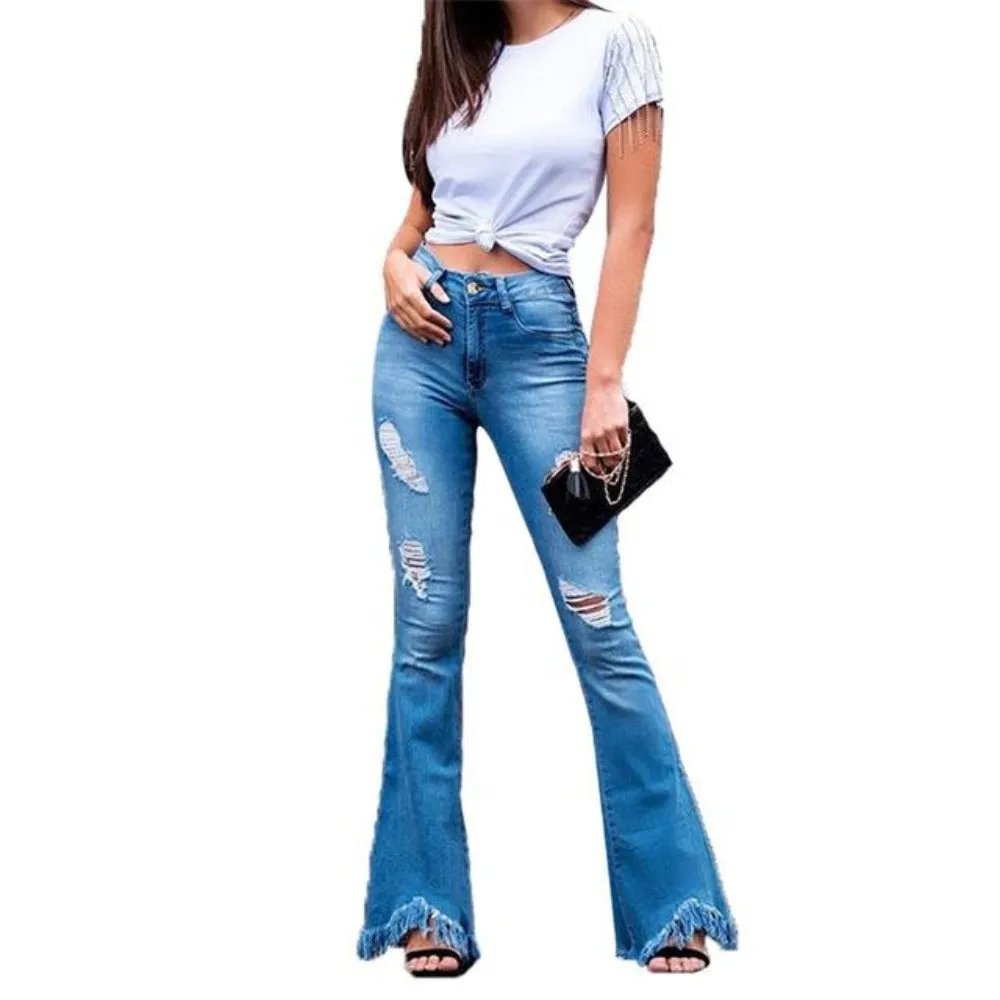 Mid Waist Flare Bell Stretching Wide Leg Denim Jeans