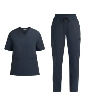 Midnight Navy V Neck Top and Multi-Pocket Scrub Pants Set