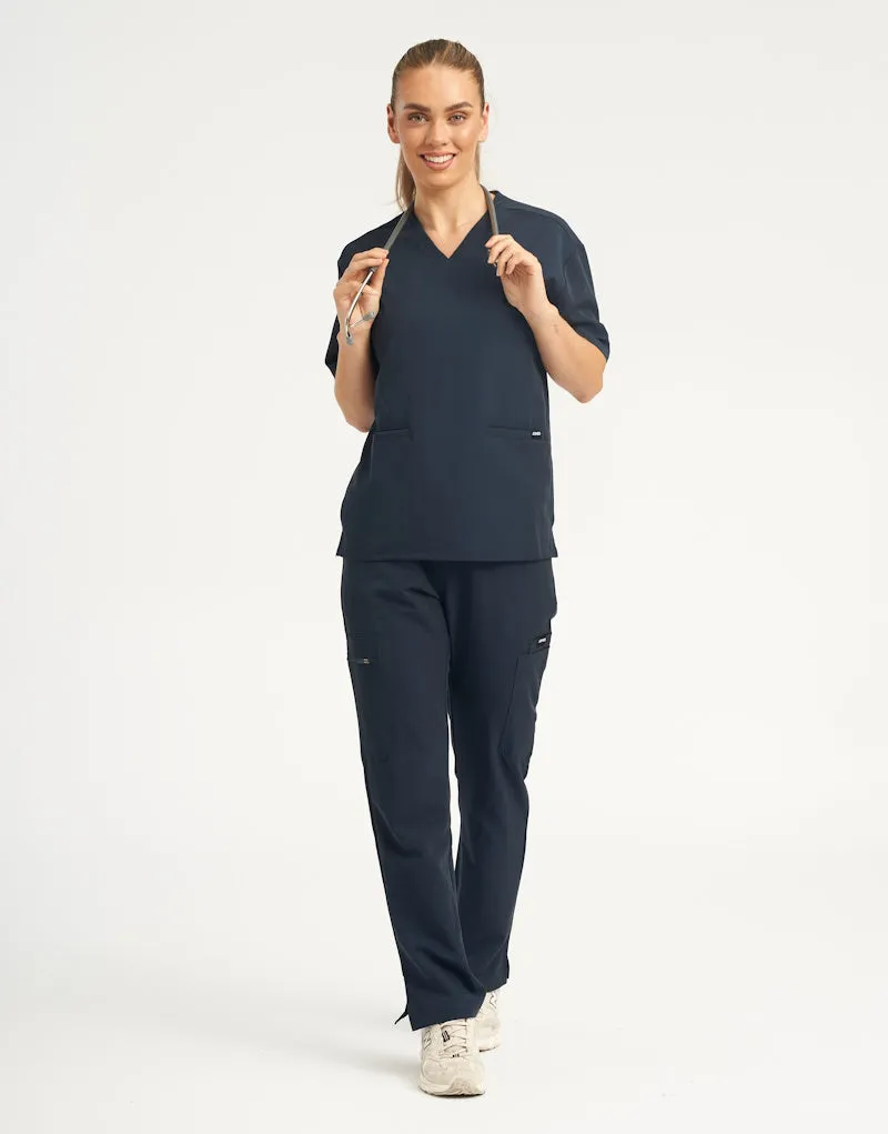 Midnight Navy V Neck Top and Multi-Pocket Scrub Pants Set