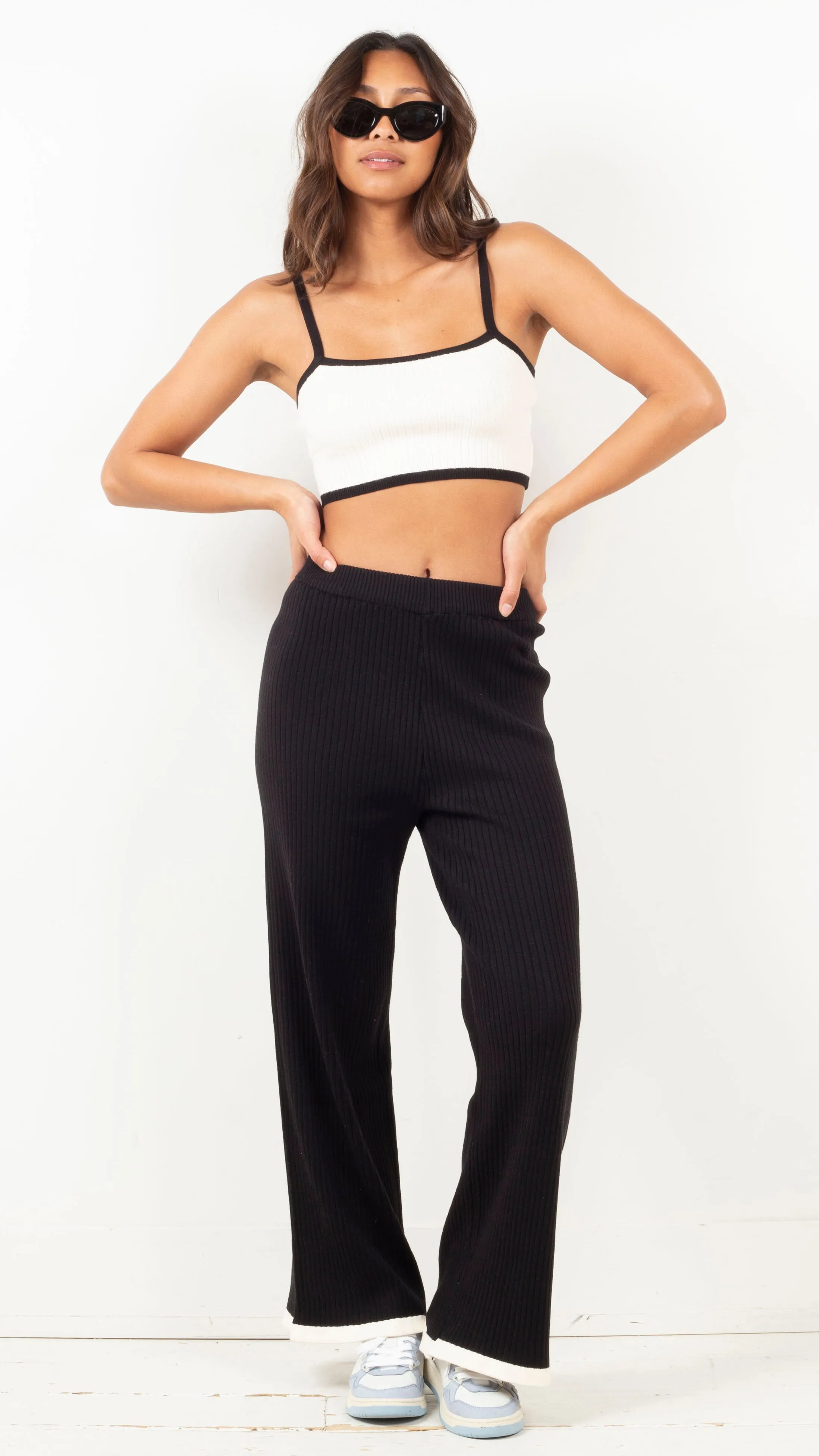 Minka Contrast Ribbed Pant Set - Black