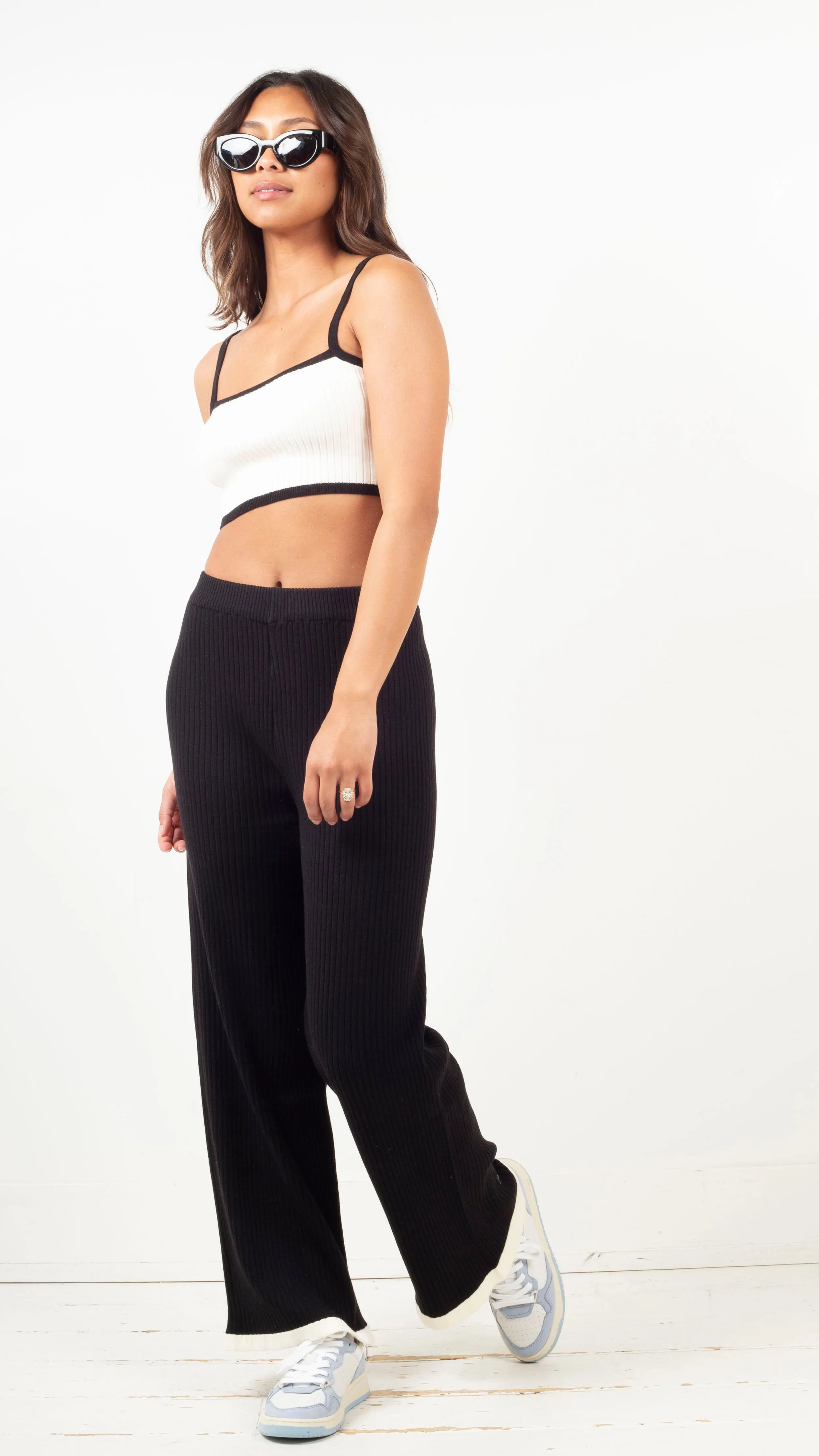 Minka Contrast Ribbed Pant Set - Black