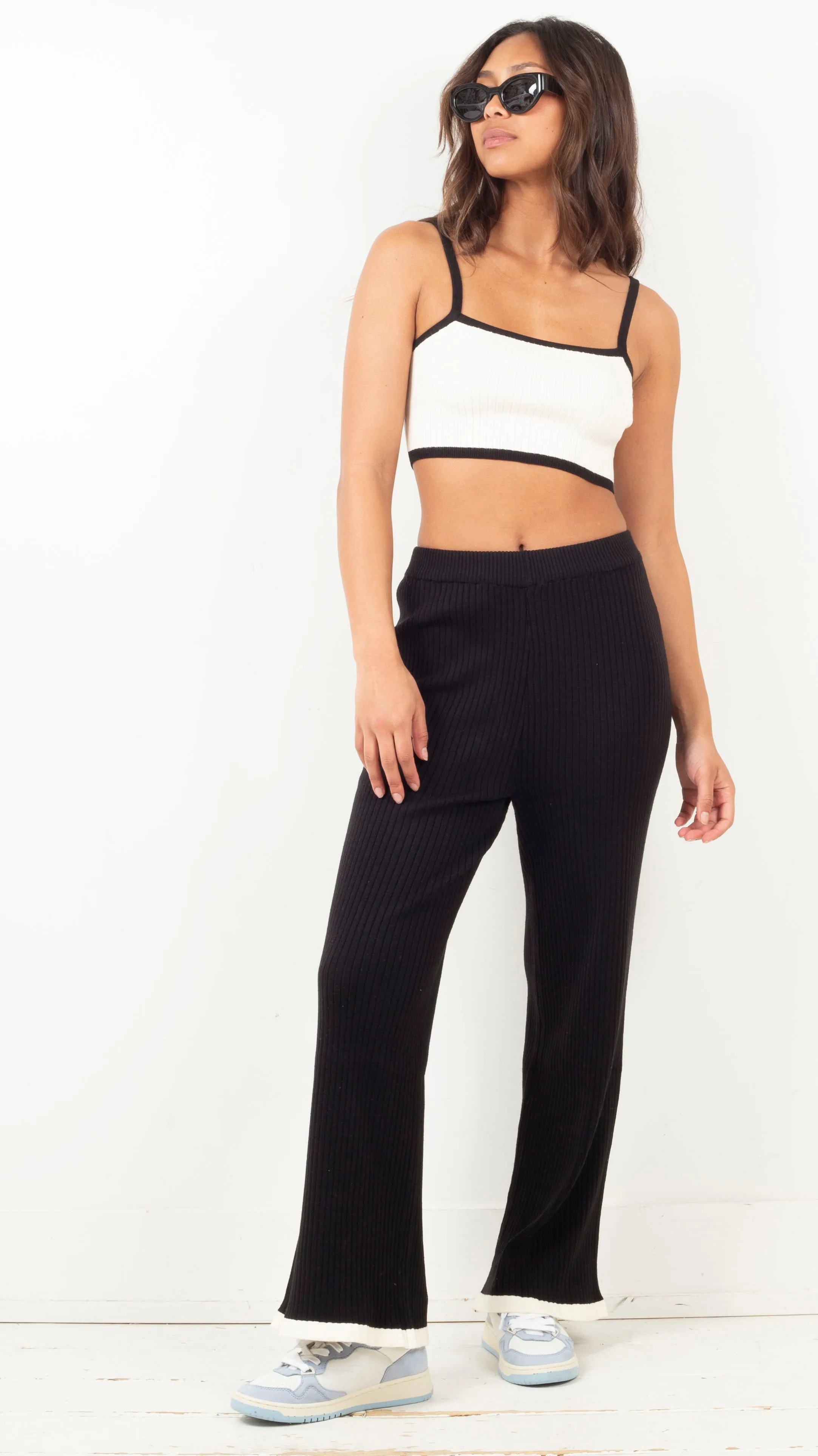 Minka Contrast Ribbed Pant Set - Black