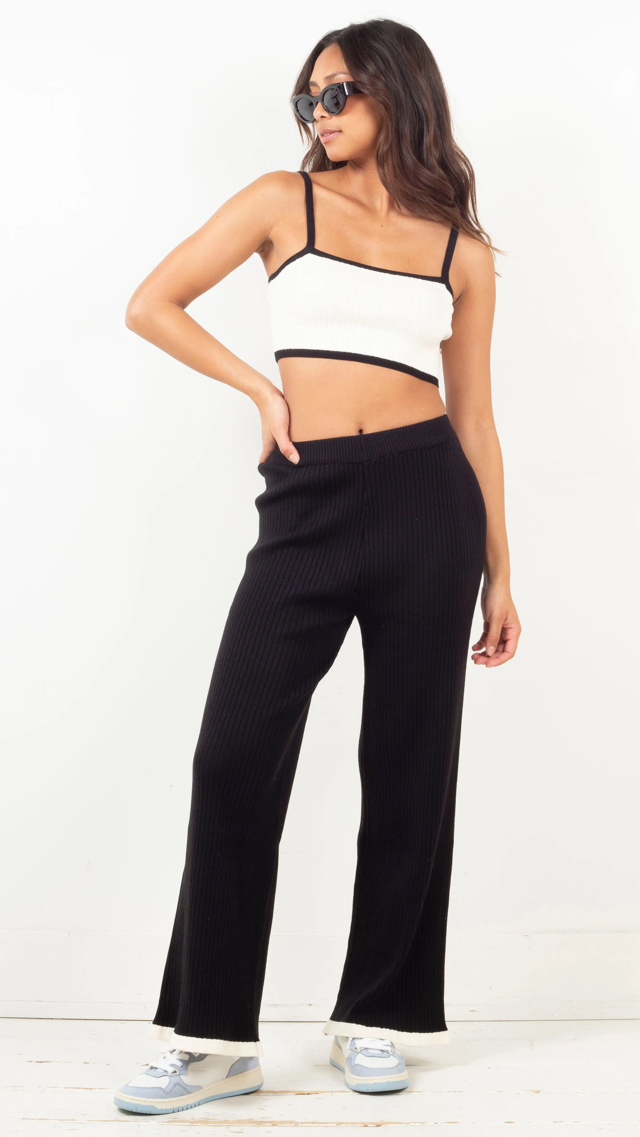 Minka Contrast Ribbed Pant Set - Black