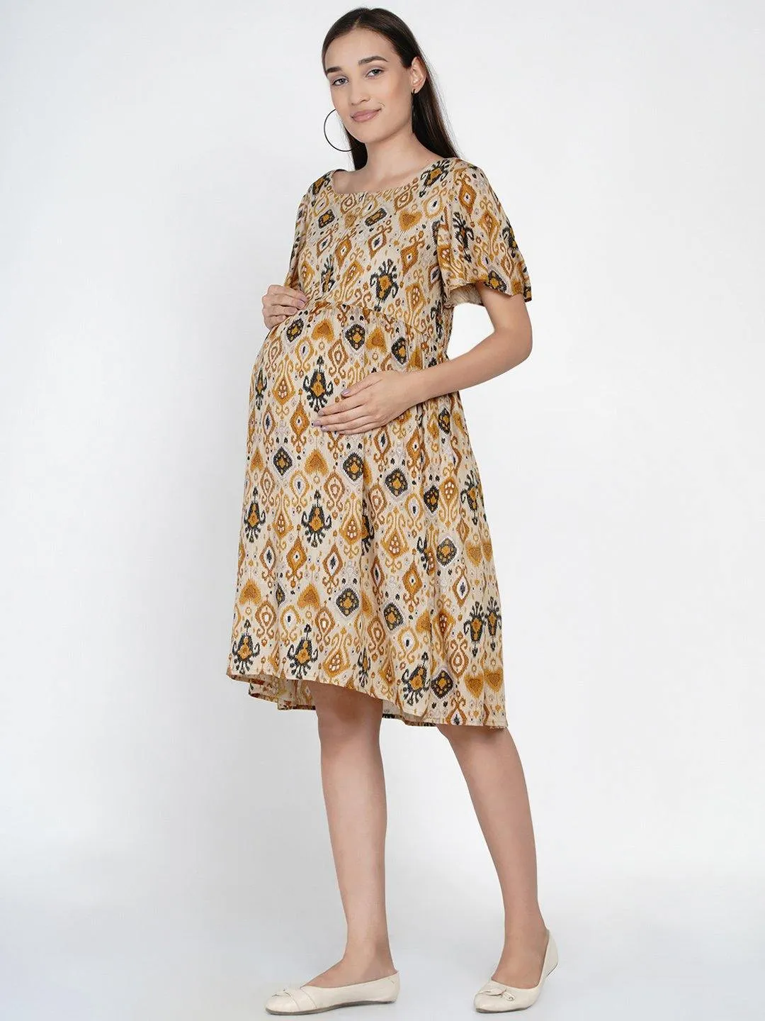 Multicolor Geometric Print Maternity and Nursing Midi Dress