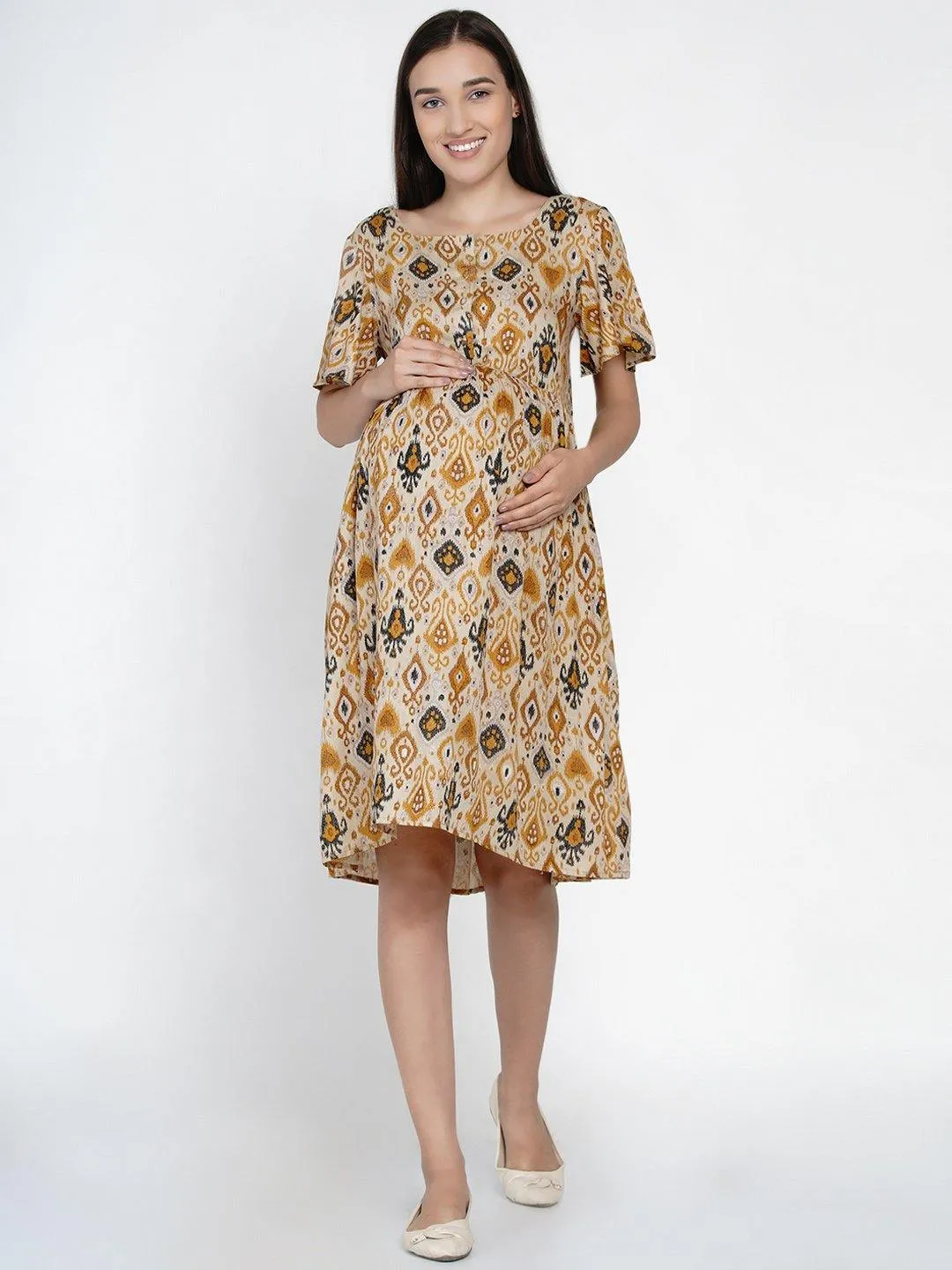 Multicolor Geometric Print Maternity and Nursing Midi Dress