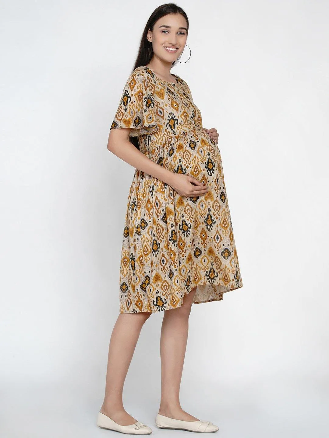 Multicolor Geometric Print Maternity and Nursing Midi Dress