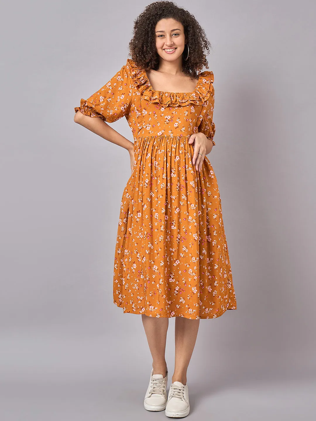 Mustard Floral Maternity and Nursing Dress