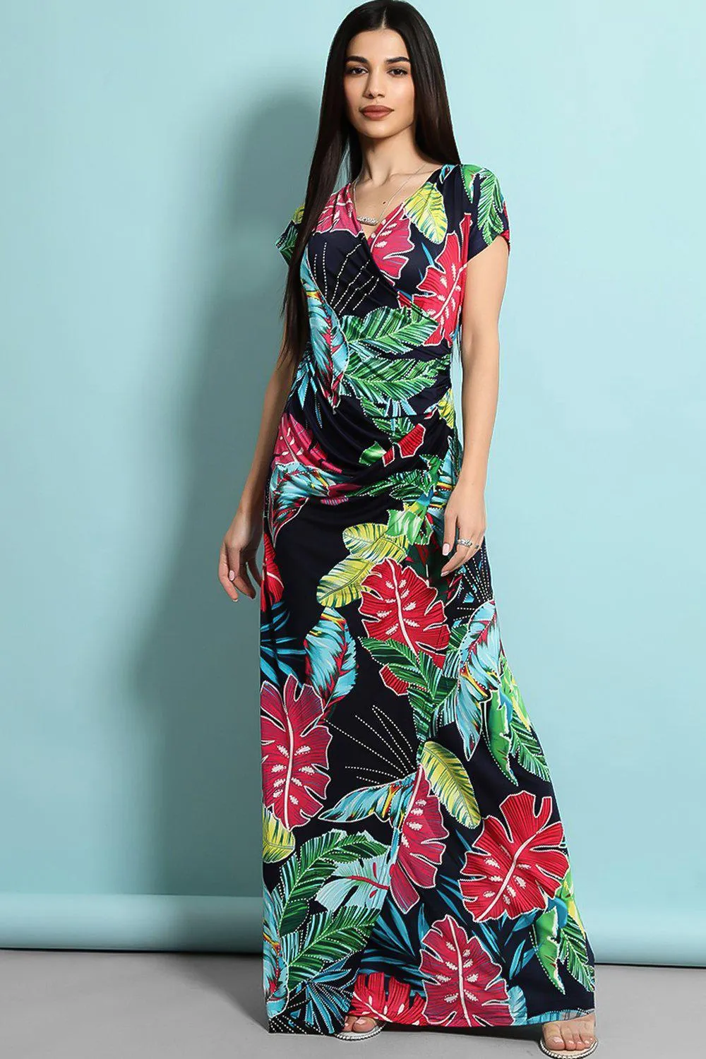 Navy Blue Large Tropical Leaves Print Maxi Slinky Dress