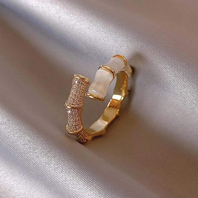 Opals Bamboo Shape Gold Colour Adjustable Ring