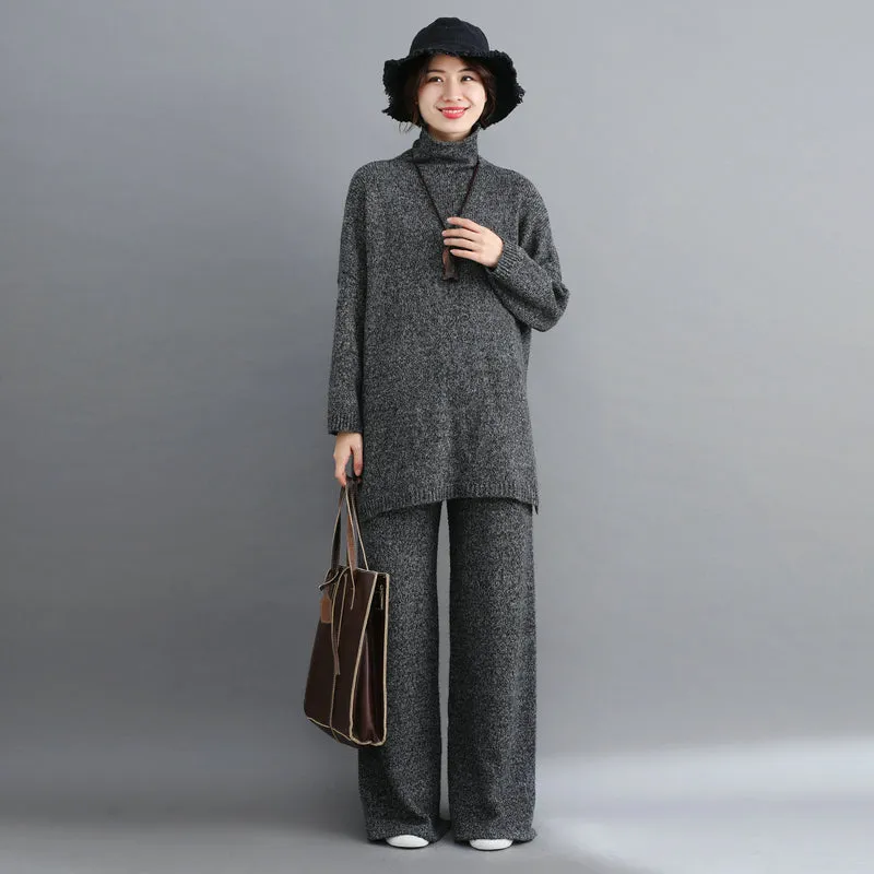 Plus Size Women Sets Winter Vintage Knitting Suit Big Size Lady Tops Long Pants Sweater Turtleneck Women Clothes