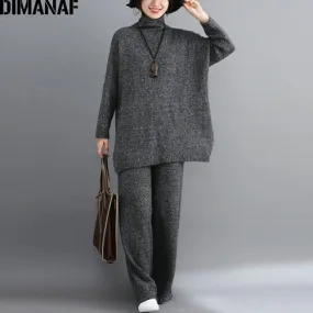 Plus Size Women Sets Winter Vintage Knitting Suit Big Size Lady Tops Long Pants Sweater Turtleneck Women Clothes