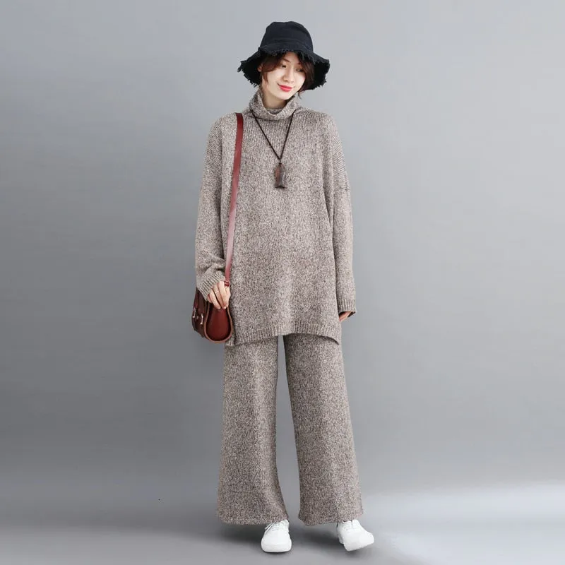 Plus Size Women Sets Winter Vintage Knitting Suit Big Size Lady Tops Long Pants Sweater Turtleneck Women Clothes