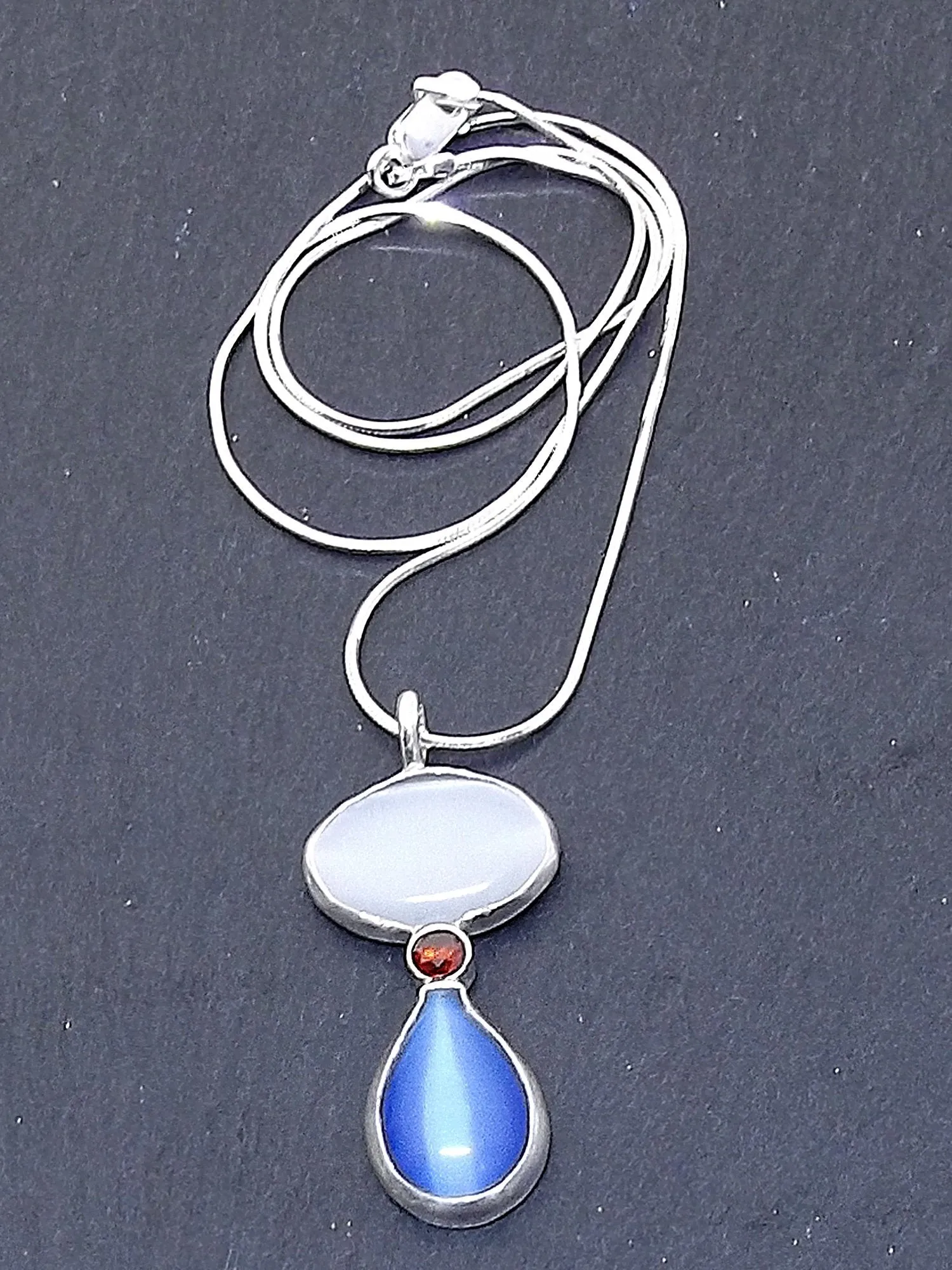 Red, White, and Blue Fiber Optic Cat’s Eye Necklace for Protection and Luck