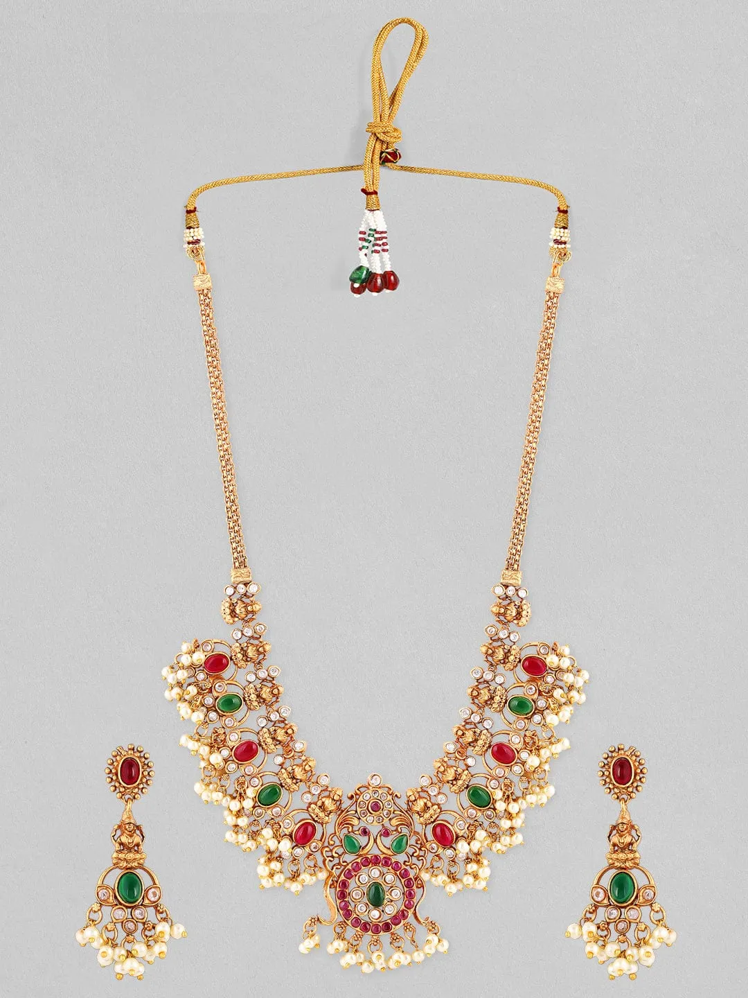 Rubans 24K Gold Plated Temple Necklace Set With Stones And Pearls