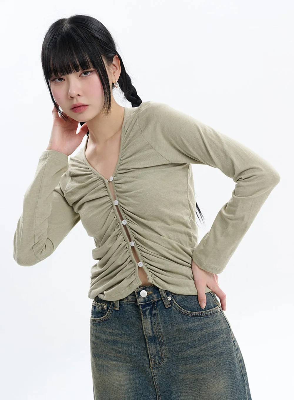 Ruched Button Crop Long Sleeve IF413