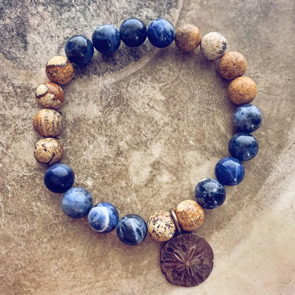 sand & sea // sodalite and picture jasper mala bead bracelet with sand dollar