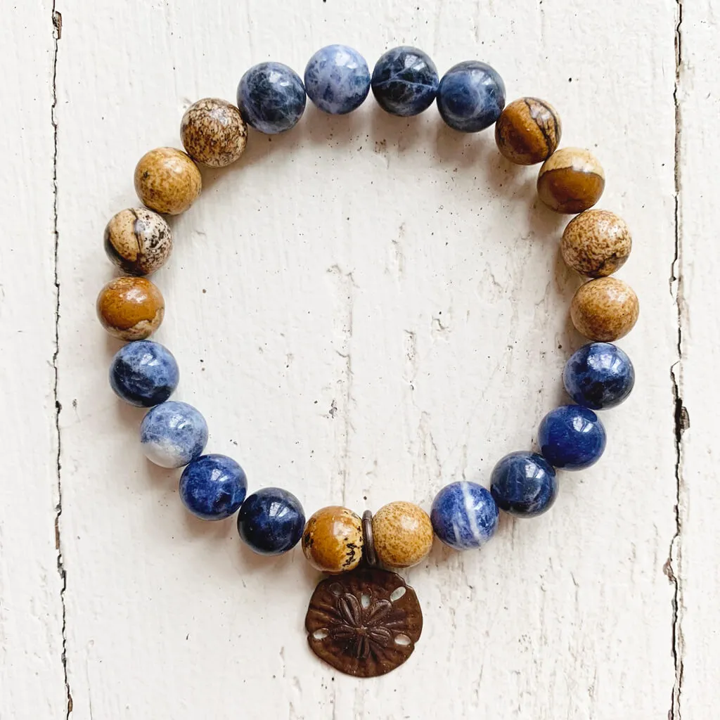 sand & sea // sodalite and picture jasper mala bead bracelet with sand dollar