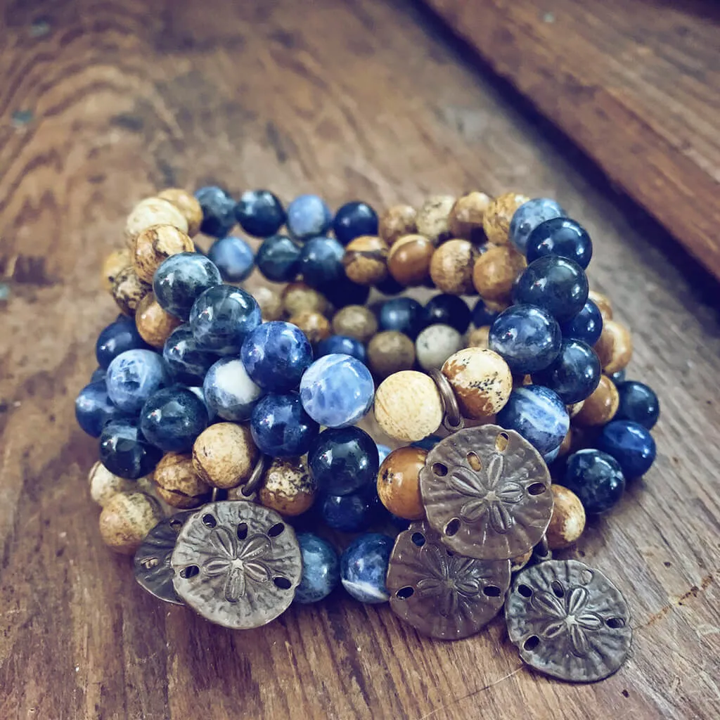 sand & sea // sodalite and picture jasper mala bead bracelet with sand dollar