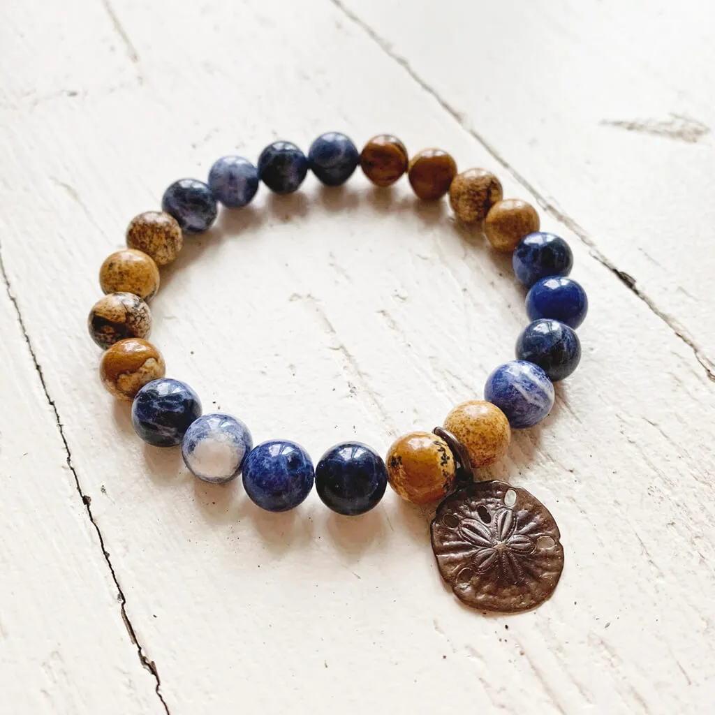 sand & sea // sodalite and picture jasper mala bead bracelet with sand dollar