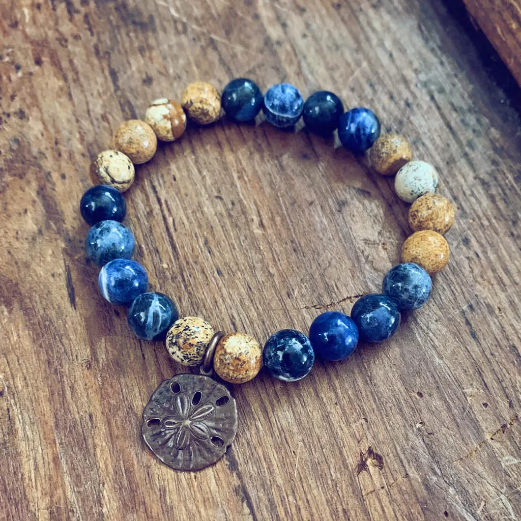 sand & sea // sodalite and picture jasper mala bead bracelet with sand dollar