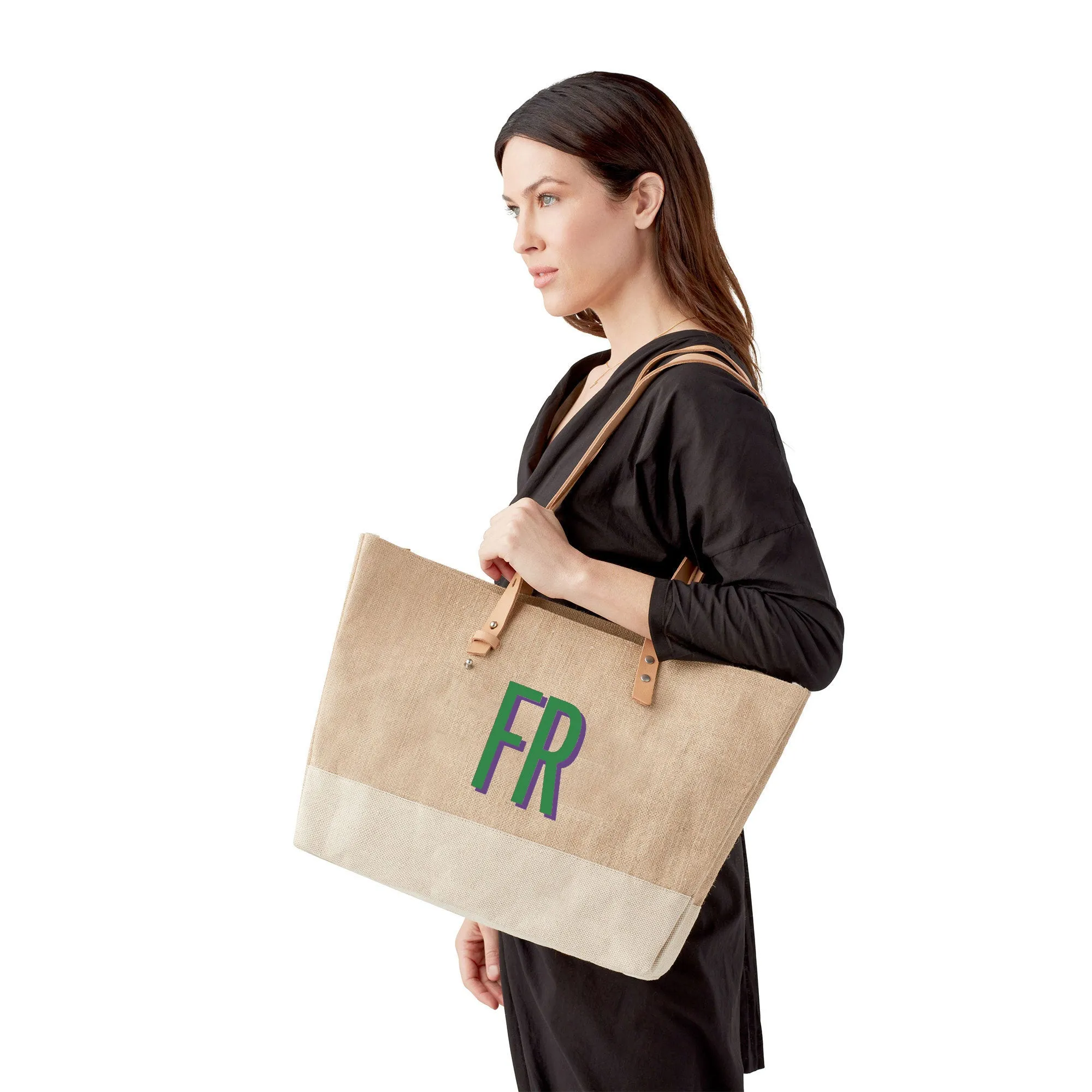 Shoulder Market Bag in Natural with Large Green Monogram