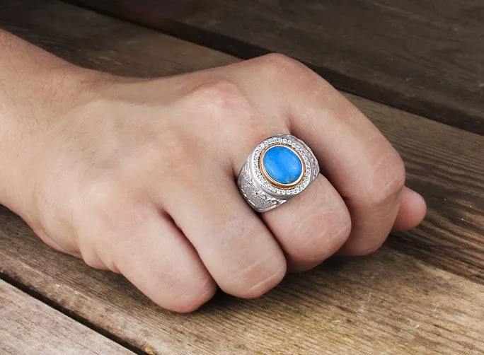 Solid 925 Silver Ring for Man with Natural Blue Turquoise Gemstone