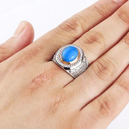 Solid 925 Silver Ring for Man with Natural Blue Turquoise Gemstone