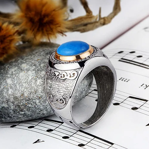 Solid 925 Silver Ring for Man with Natural Blue Turquoise Gemstone