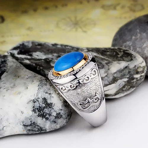 Solid 925 Silver Ring for Man with Natural Blue Turquoise Gemstone