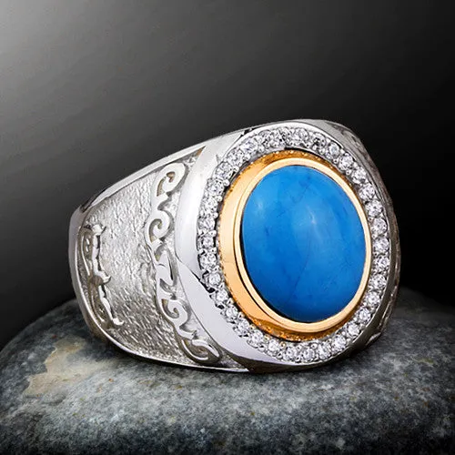 Solid 925 Silver Ring for Man with Natural Blue Turquoise Gemstone