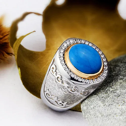 Solid 925 Silver Ring for Man with Natural Blue Turquoise Gemstone