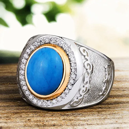 Solid 925 Silver Ring for Man with Natural Blue Turquoise Gemstone