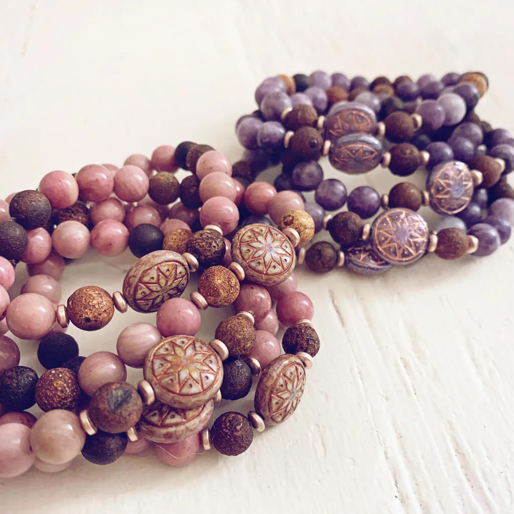 star of venus // beaded rhodochrosite or lepidolite gemstone bracelet with ishtar bead