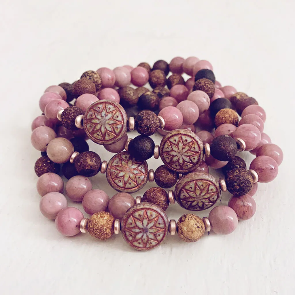 star of venus // beaded rhodochrosite or lepidolite gemstone bracelet with ishtar bead