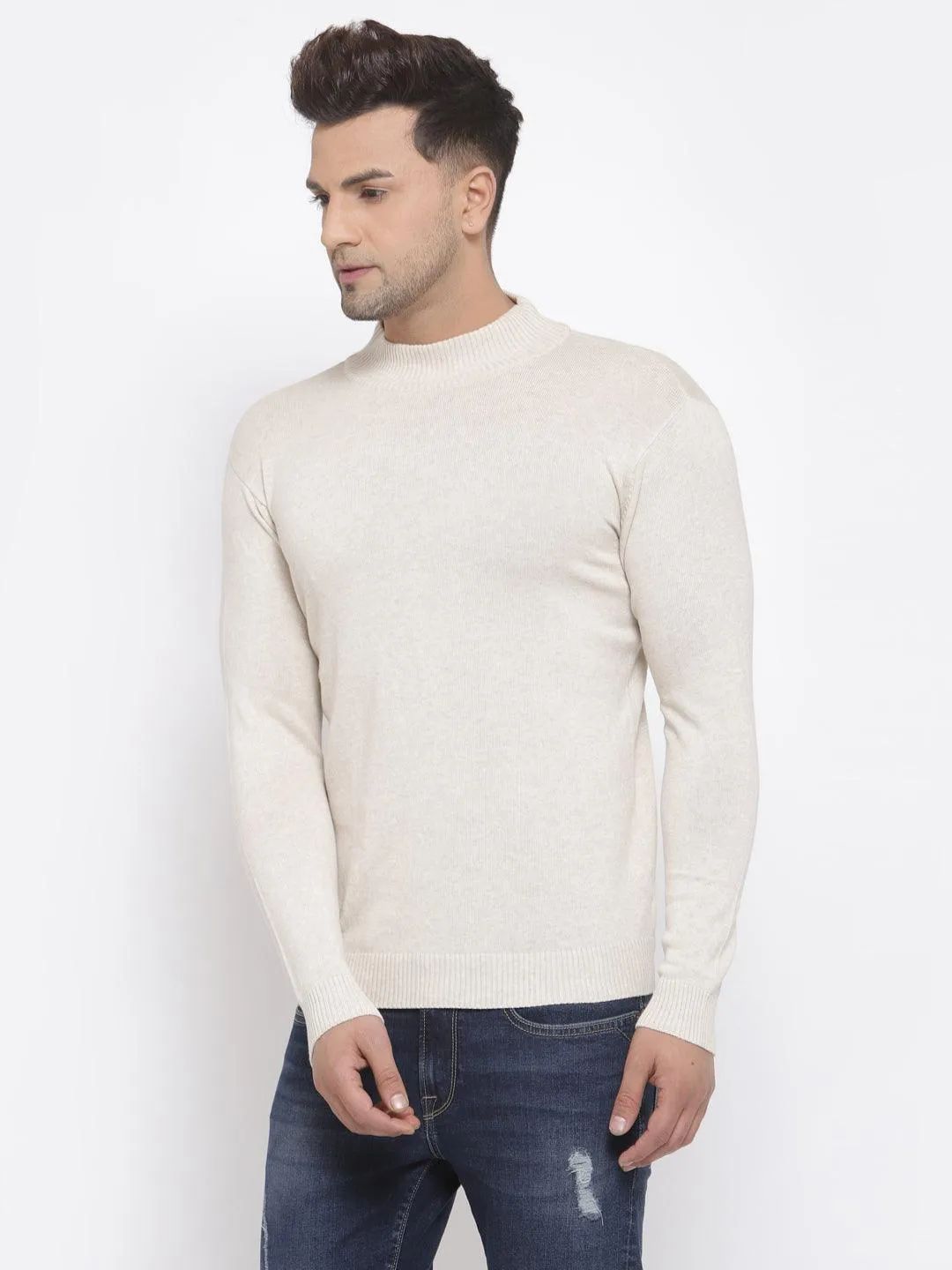 Style Quotient Men Solid Off White Knitted Regular Sweatshirt