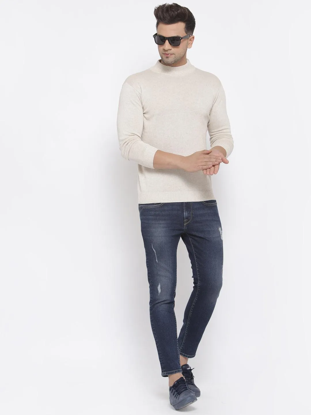 Style Quotient Men Solid Off White Knitted Regular Sweatshirt