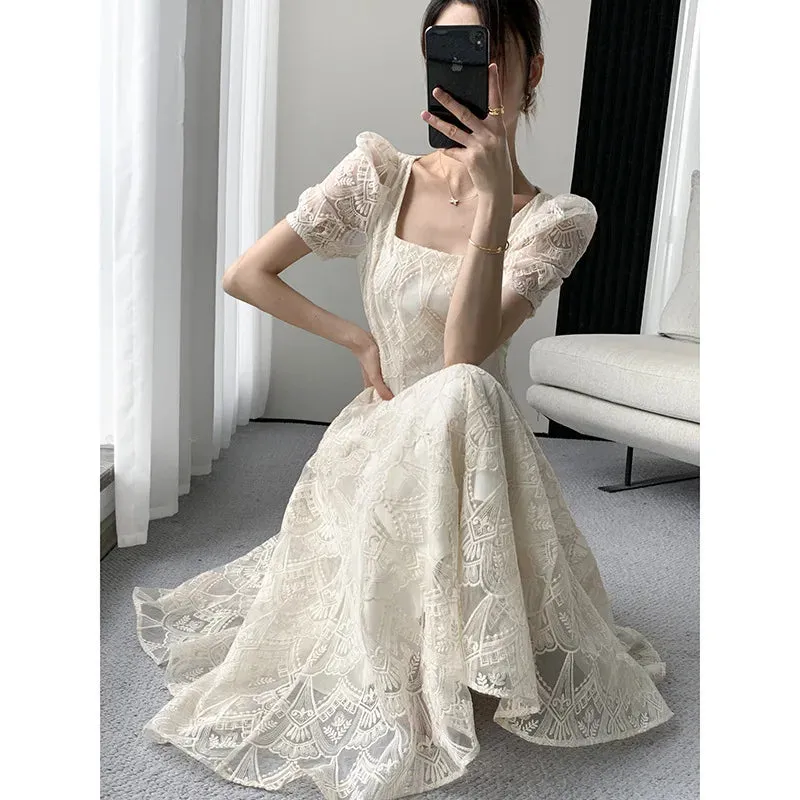 Summer French Style Lace Women Elegant Square Collar Party Midi Dress Female Fashion A Line Apricot Ruffle Lady Clothes Vestidos