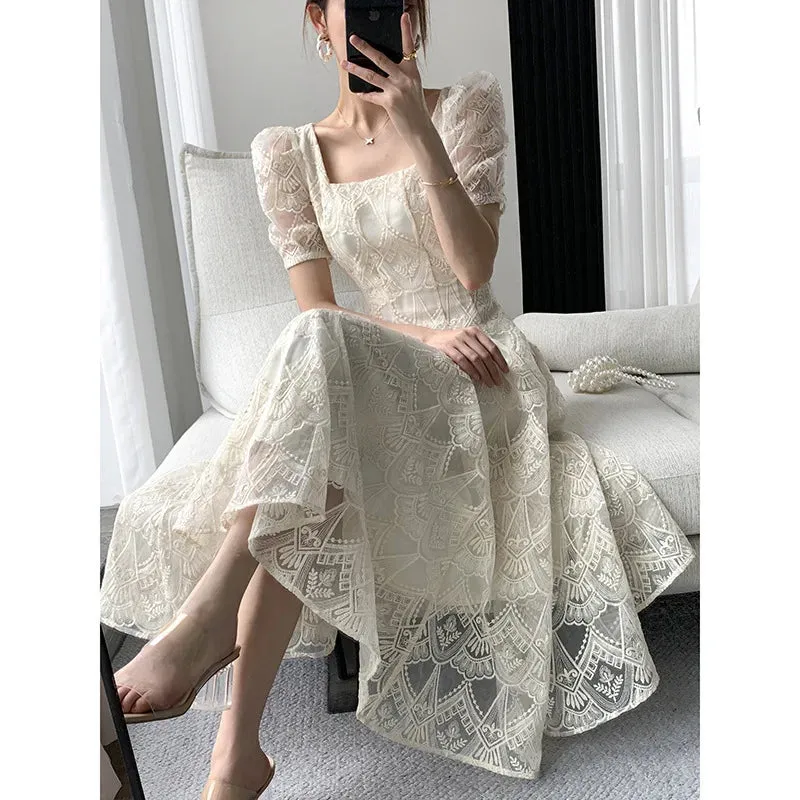 Summer French Style Lace Women Elegant Square Collar Party Midi Dress Female Fashion A Line Apricot Ruffle Lady Clothes Vestidos