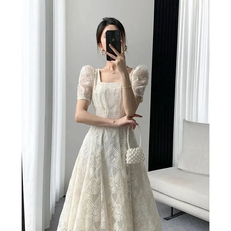 Summer French Style Lace Women Elegant Square Collar Party Midi Dress Female Fashion A Line Apricot Ruffle Lady Clothes Vestidos