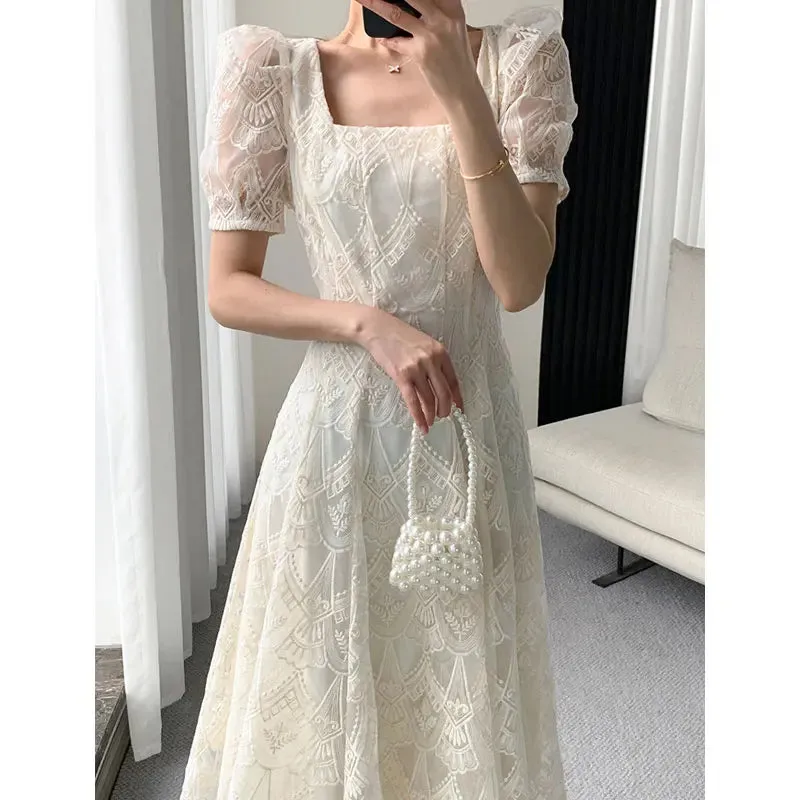 Summer French Style Lace Women Elegant Square Collar Party Midi Dress Female Fashion A Line Apricot Ruffle Lady Clothes Vestidos