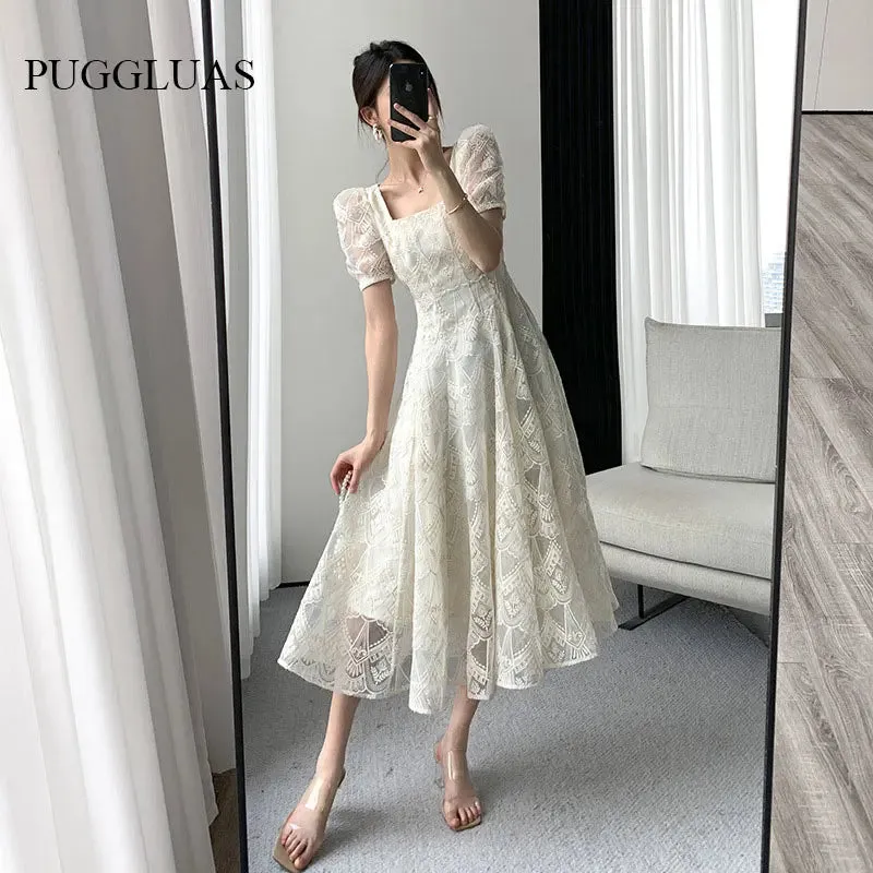 Summer French Style Lace Women Elegant Square Collar Party Midi Dress Female Fashion A Line Apricot Ruffle Lady Clothes Vestidos