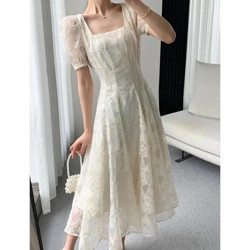 Summer French Style Lace Women Elegant Square Collar Party Midi Dress Female Fashion A Line Apricot Ruffle Lady Clothes Vestidos