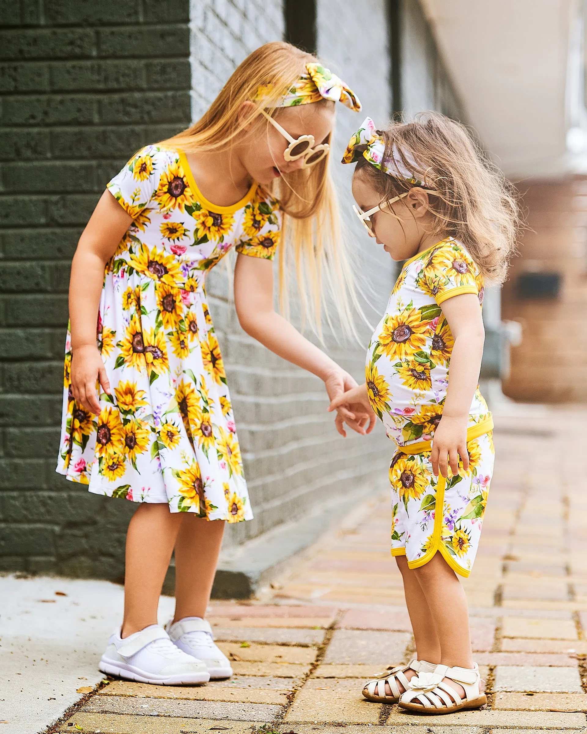 Suns and Roses (Sunflowers) Short Sleeve Big Kid Twirl Dress