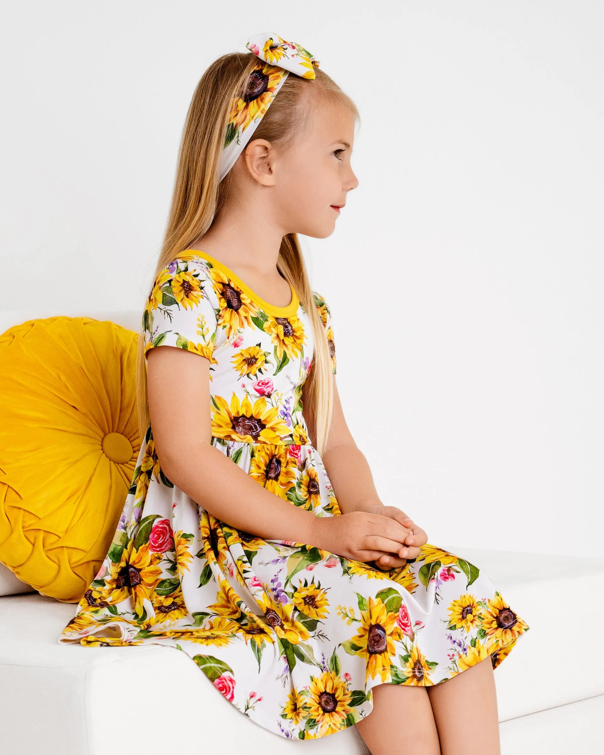 Suns and Roses (Sunflowers) Short Sleeve Big Kid Twirl Dress