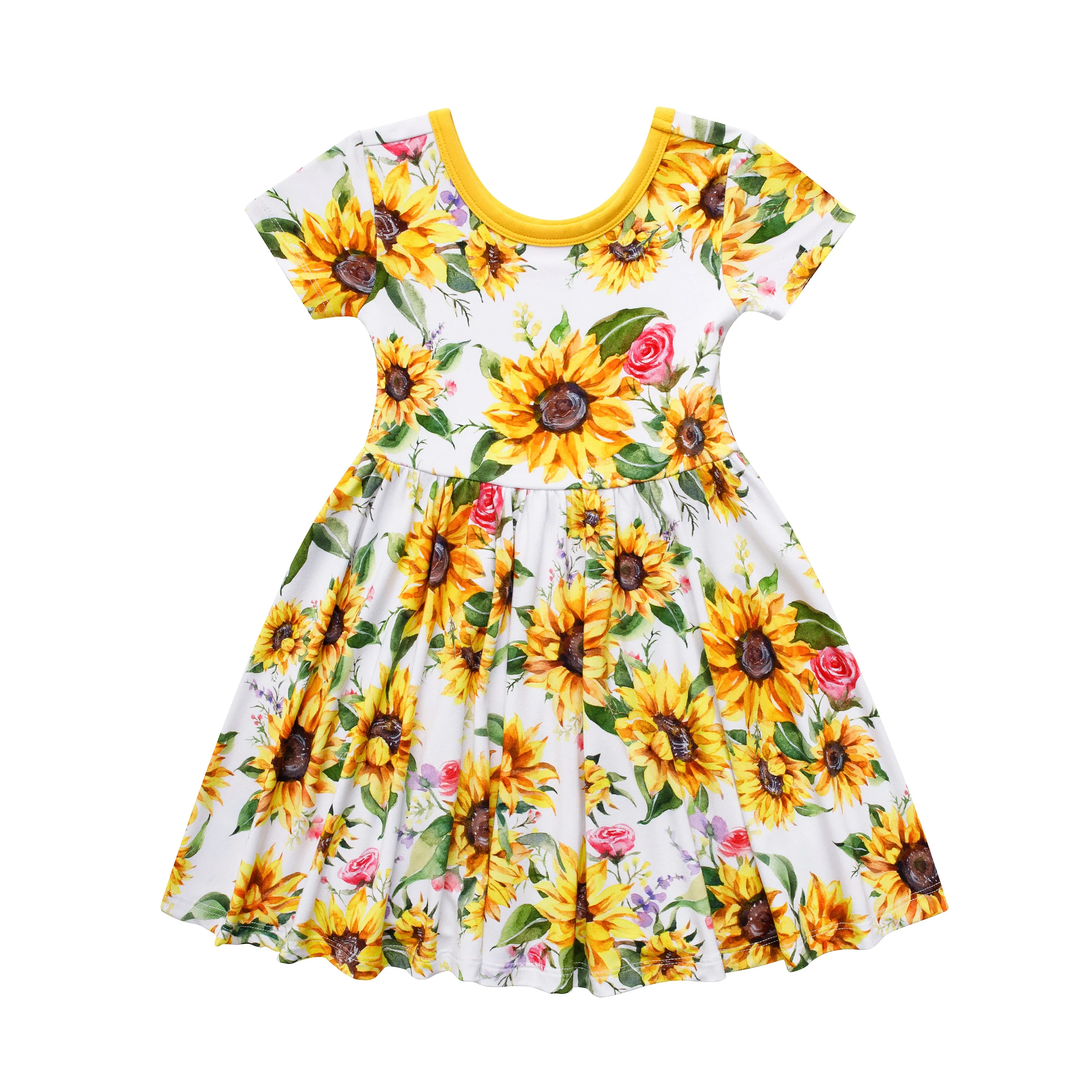 Suns and Roses (Sunflowers) Short Sleeve Big Kid Twirl Dress