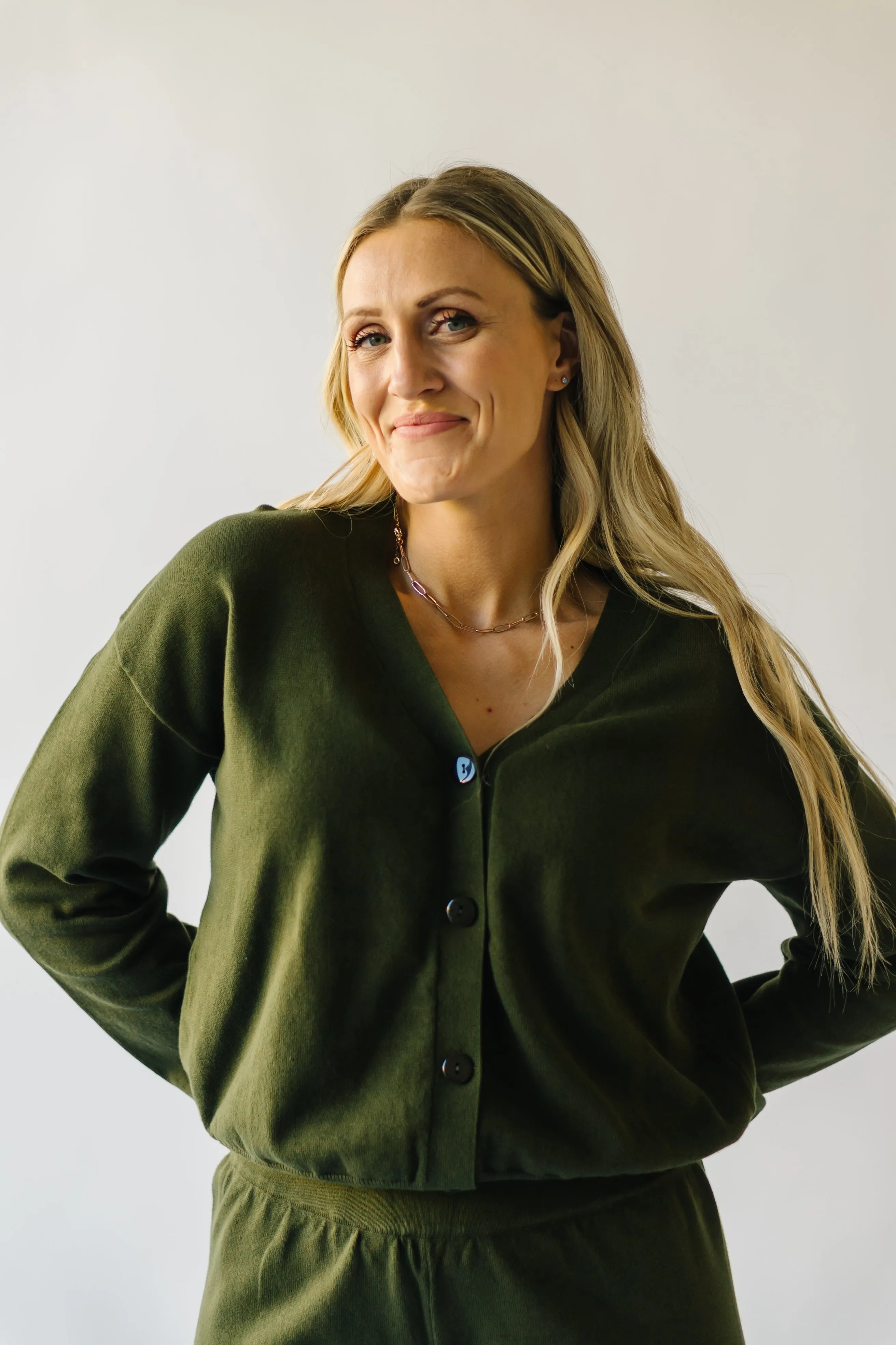 The Winona V-Neck Button-Down Sweater in Olive