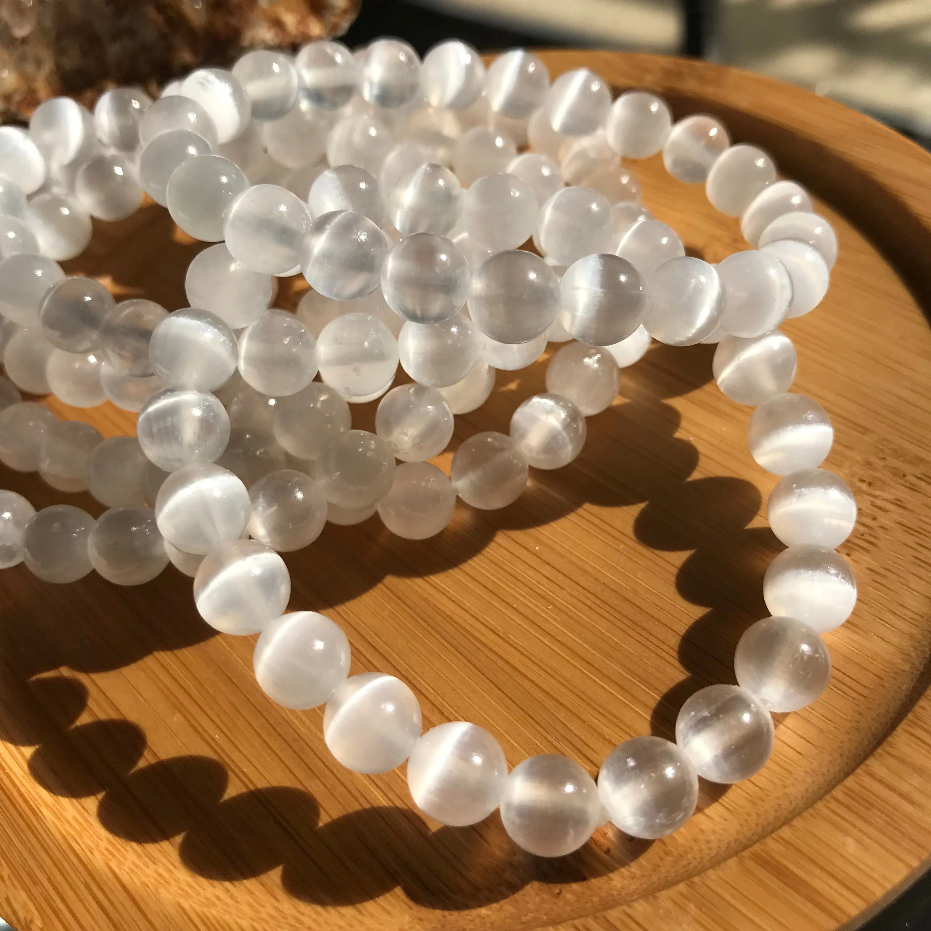 Top Grade Natural Selenite Bracelet Strong Cateye from Morocco | Self-cleansing Calming | 7th Crown Chakra Reiki Healing Jewelry