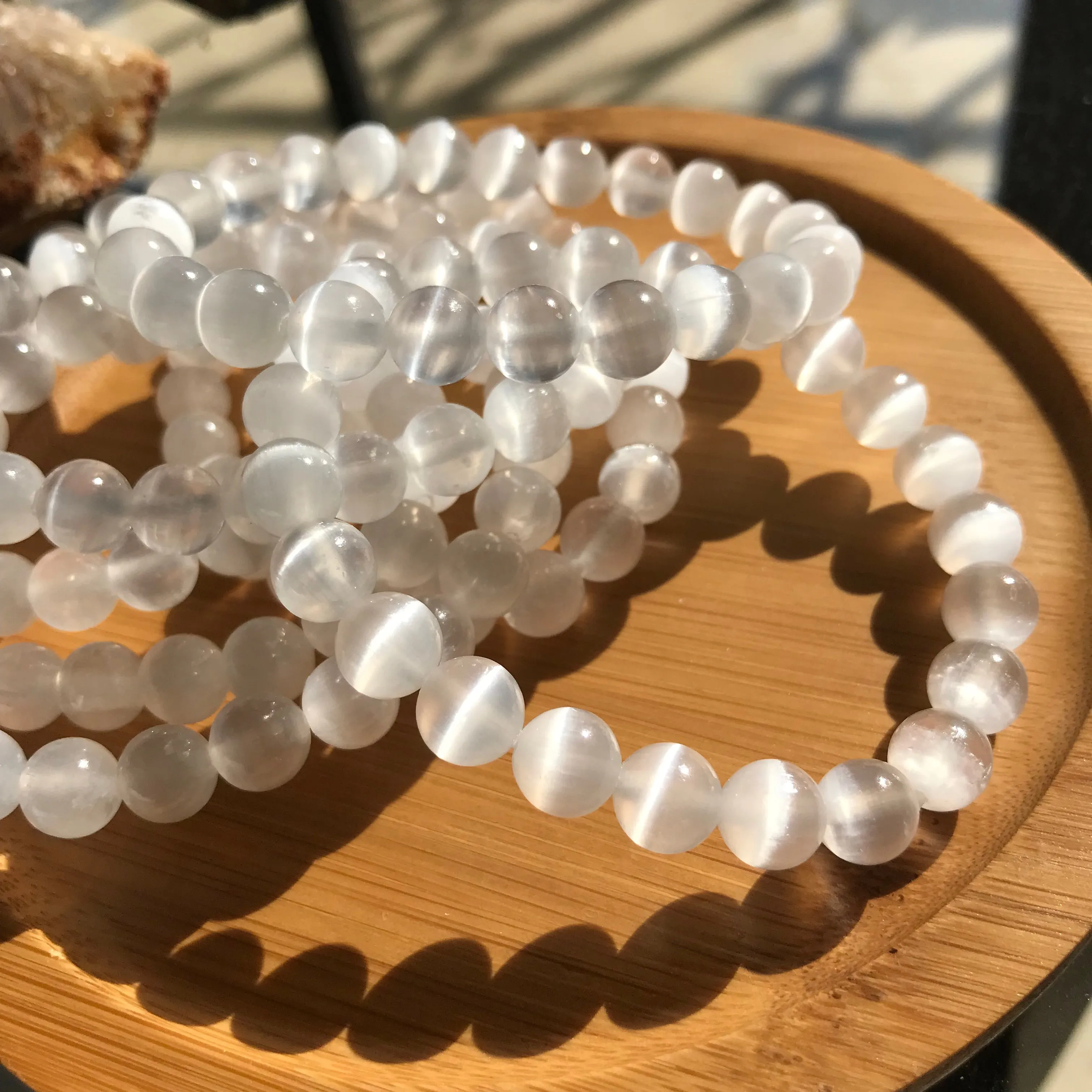 Top Grade Natural Selenite Bracelet Strong Cateye from Morocco | Self-cleansing Calming | 7th Crown Chakra Reiki Healing Jewelry