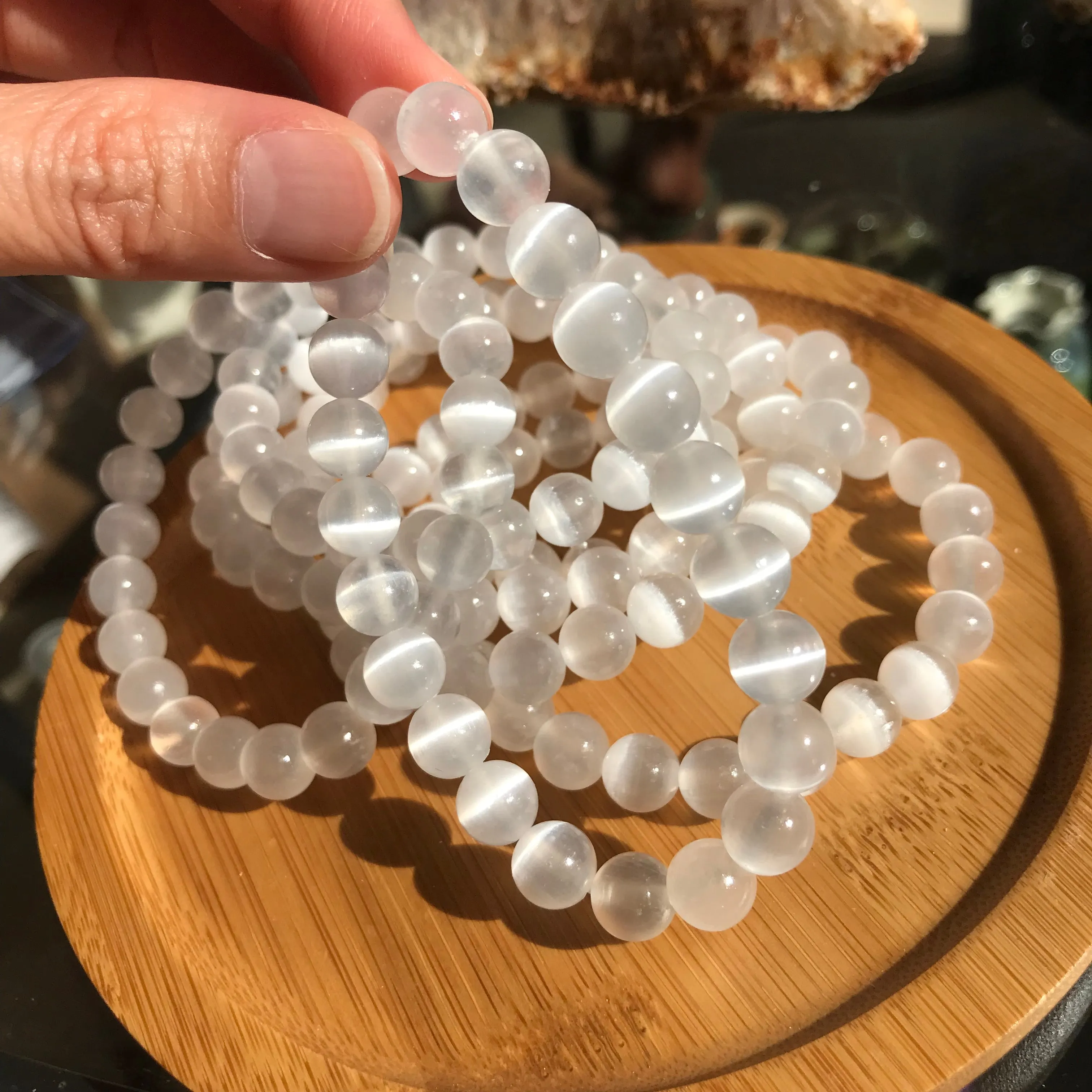 Top Grade Natural Selenite Bracelet Strong Cateye from Morocco | Self-cleansing Calming | 7th Crown Chakra Reiki Healing Jewelry