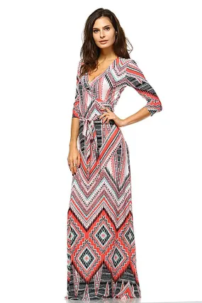 Tribal Aztec Chevron Design 3/4 Sleeves Maxi Dress USA